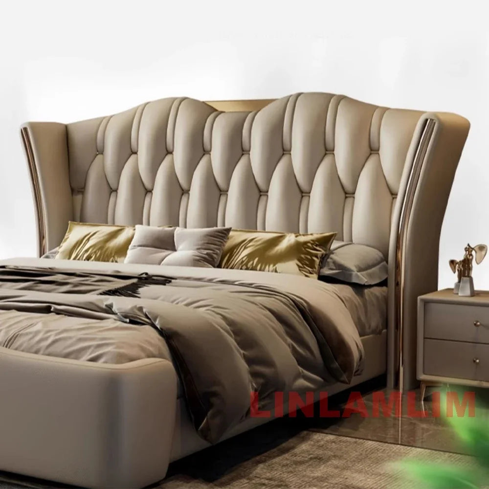 MINGDIBAO Luxury Modern Upholstered Bed Frame with Gold Accents, Genuine Leather Designer Bed, Queen/King Size Bedroom Furniture