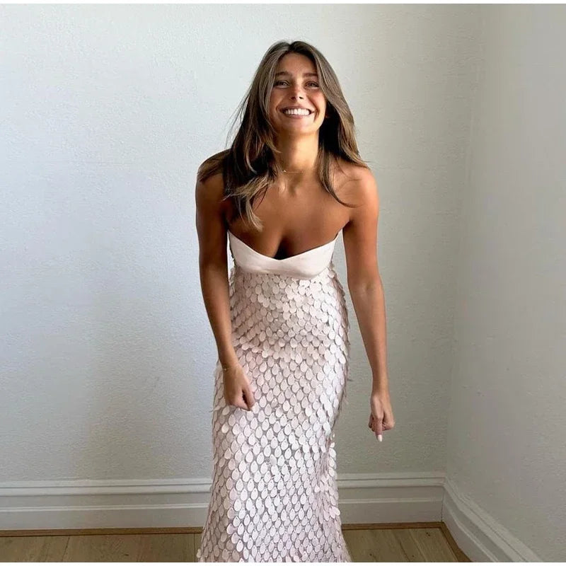 Sexy Stain Long Dress Women Patchwork Solid Tube Top Sleeveless Party Dresses 2025 Summer Lady Slim Vacation Backless Robes