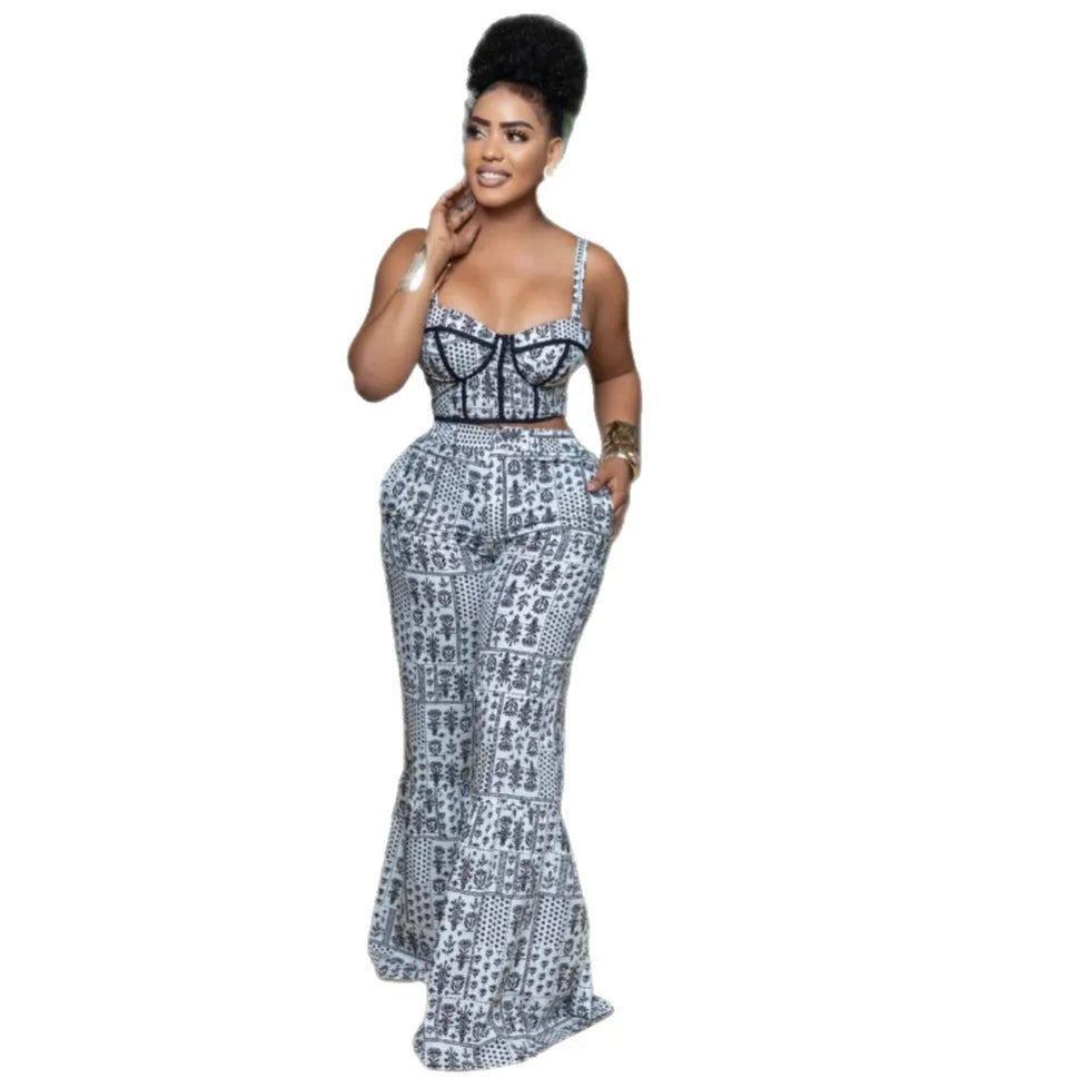 CM.YAYA Women's Set Print Strapless Bra Top and Flare Pants Suits 2025 Summer Street Party Two 2 Piece Sets Outfits Tracksuit