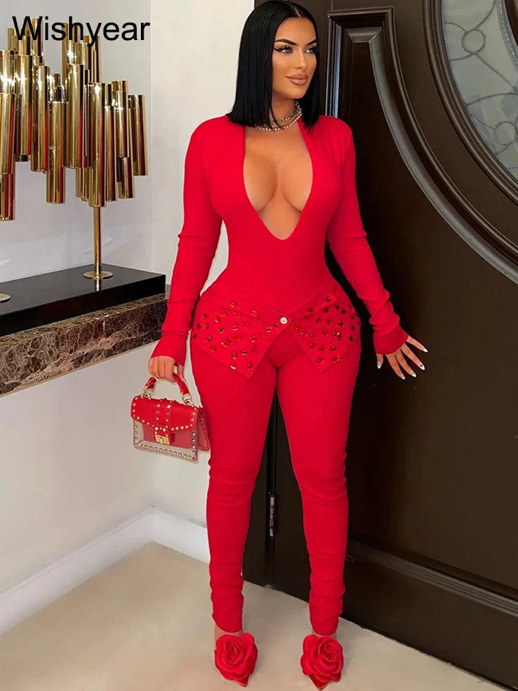 New Full Sleeve V-neck Skinny Pencil Pants Women Jumpsuits Rhinestone Birthday Rompers One Piece Night Club Evening Outfits 2025