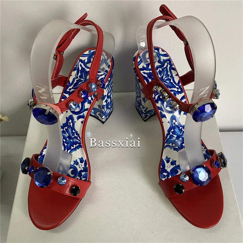 Luxury Diamond Crystal Decor Modern Sandals Women Blue And White Porcelain Print Ankle Strap Summer Shoes For Girls