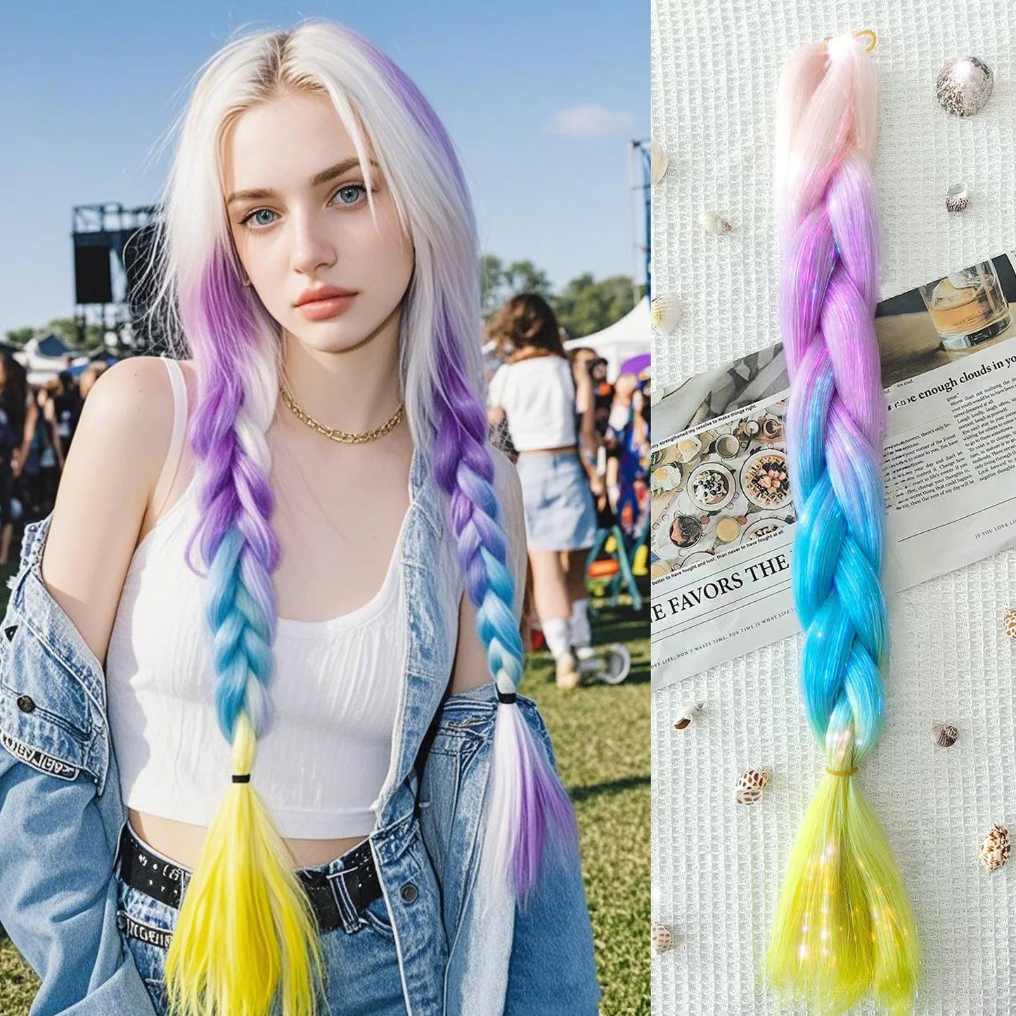 Synthetic Tinsel Braiding Hair 4 Tones Ombre Color White Purple Blue Yellow Jumbo Braids Mixed tinsels For Festival Party