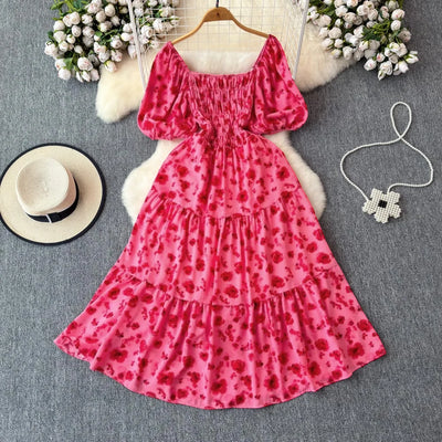 2024 New Summer Flower Print Long Dress Women Vintage Square Neck Ruched Chest Sash Bandage Sundress Party Vestidos
