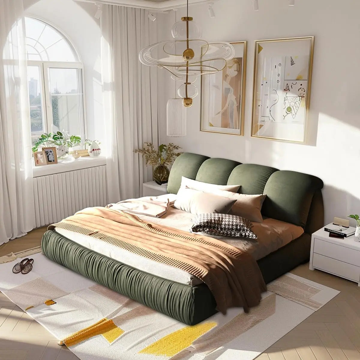 King Size Upholstered Platform Bed with Oversized Padded Backrest Headboard, Luxury Soft Cloud Bed Frame for Bedroom