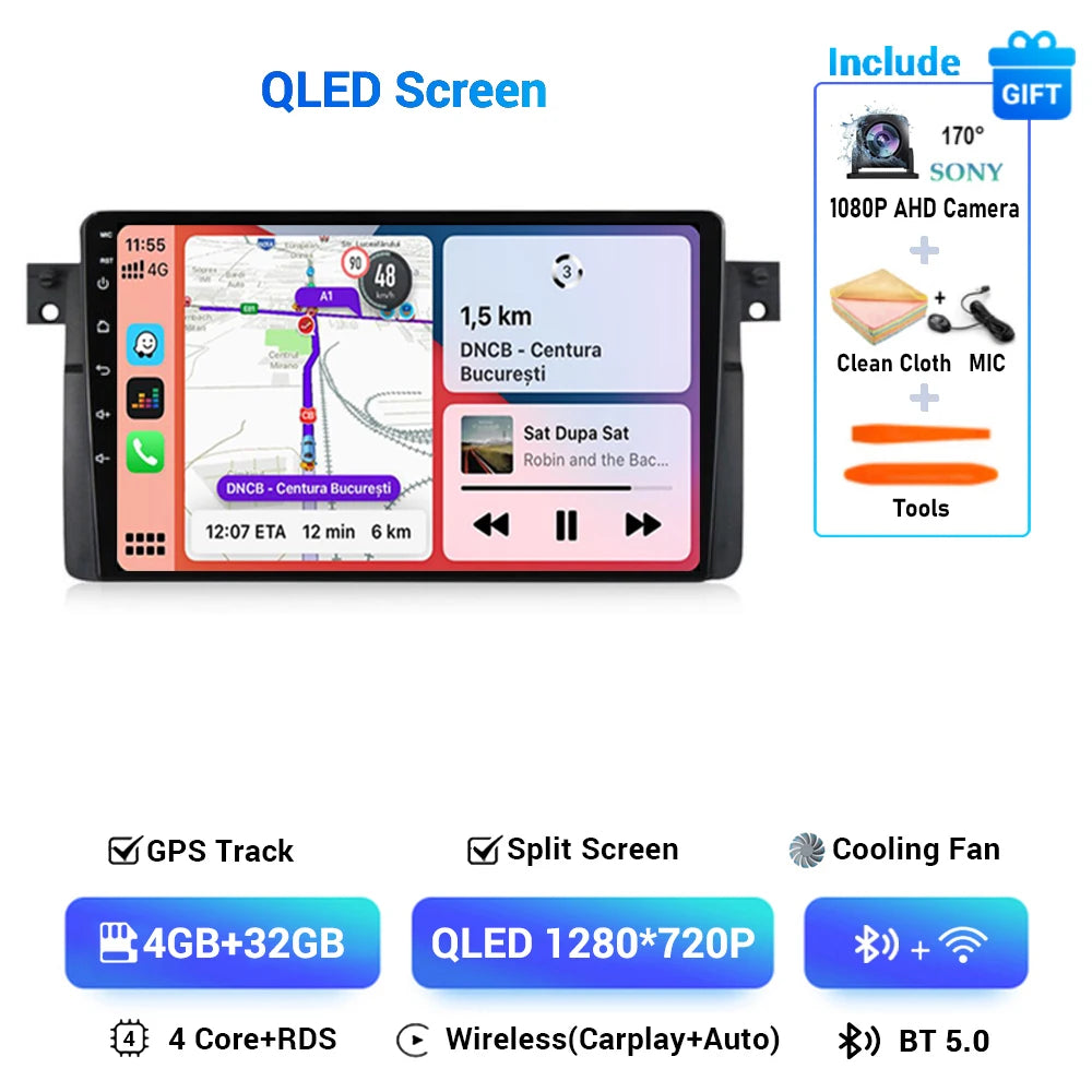 Android 14 Wireless CarPlay Auto for BMW E46 M3 318/320/325/330/335 4G+WIFI Car Radio Multimedia GPS Video Player 360 Camera DSP
