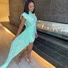 Autumn and Winter Women's Clothing Semi-turtleneck Mesh Beads Tight Hip-wrapped Sexy Evening Dress