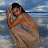 kliou Shiny Long Dress Stunning Women Solid Summer Thin Mesh Sheer Backless Sleeveless Bodycon Female Elegant Fashion Vestidos
