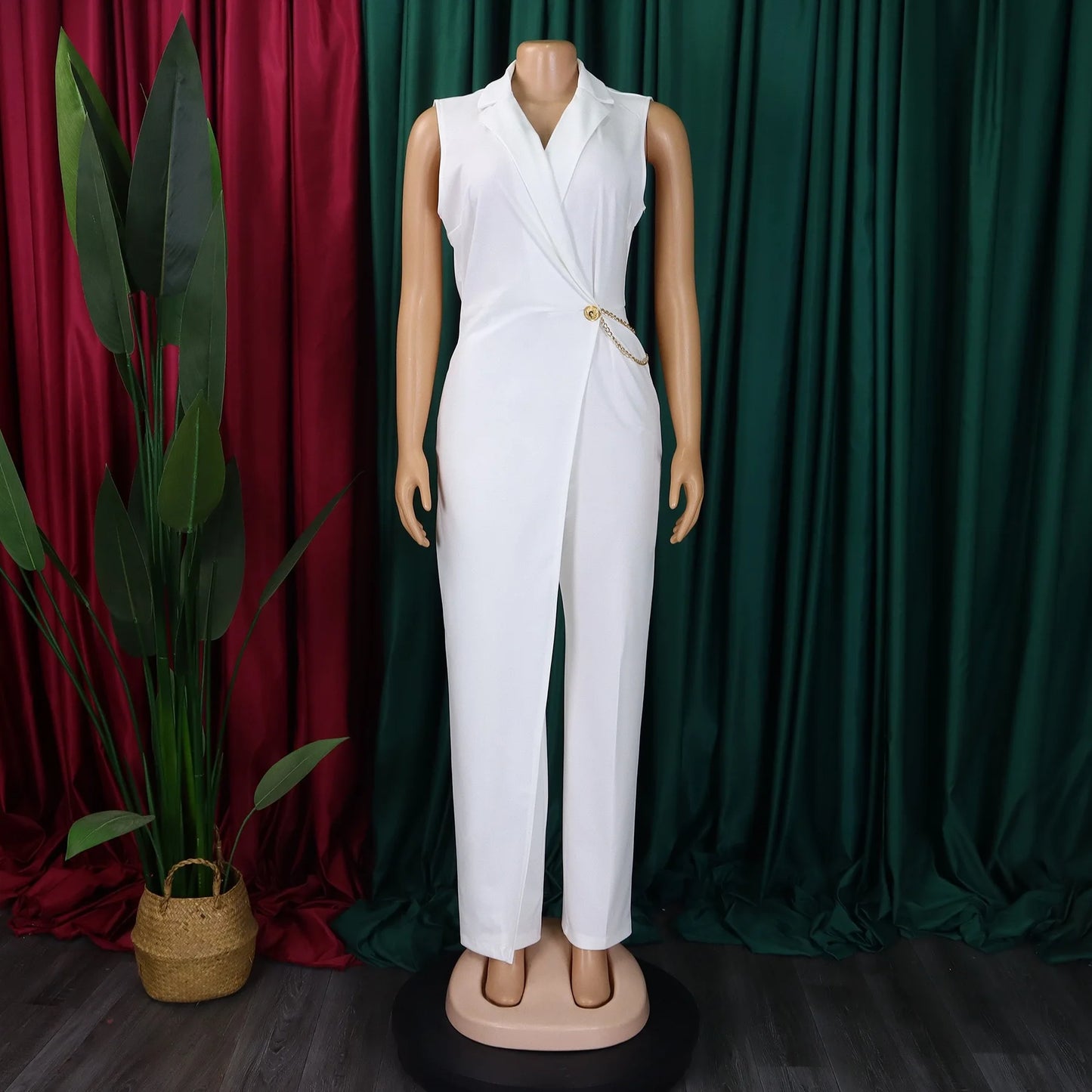 Elegant Jumpsuits & Rompers for Woman 2024 New Turn Down Collar Sleeveless High Waisted V Neck Straight Female Birthday Overalls