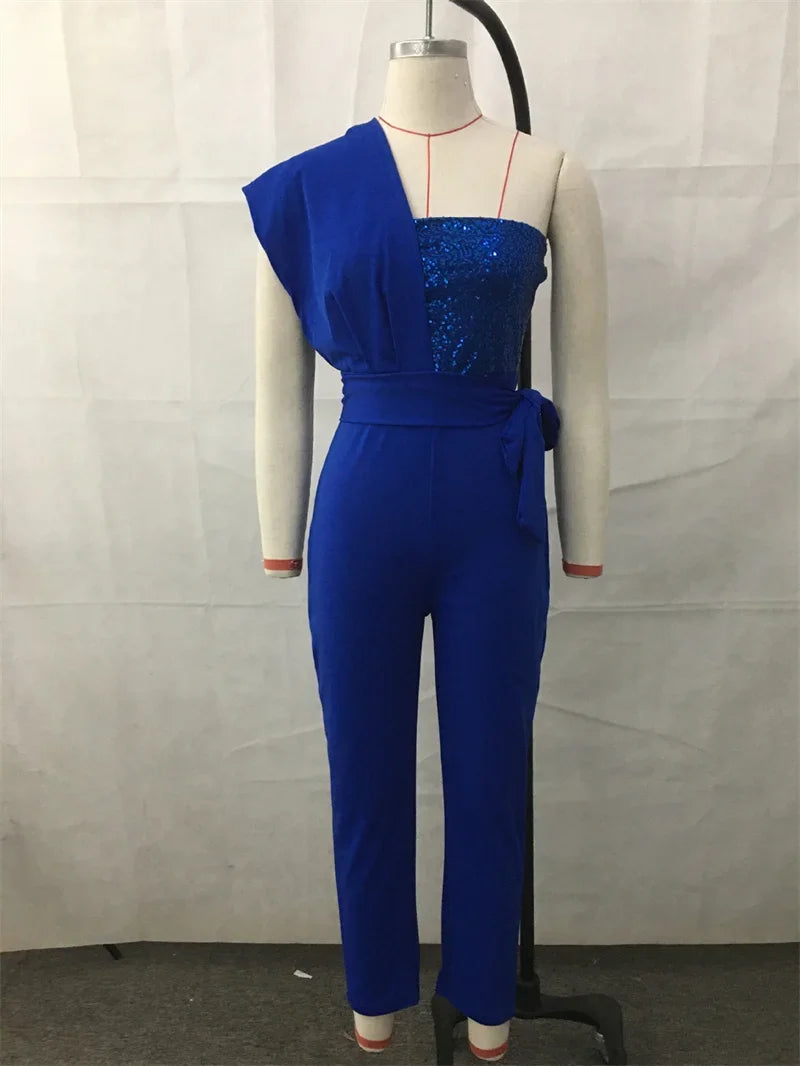 Fashion Sequins Decoration One Shoulder Backless Jumpsuit Women Female Slim Fit Stretch Lace-up High Waist  Back Zipper Rompers
