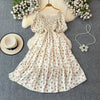 2024 New Summer Flower Print Long Dress Women Vintage Square Neck Ruched Chest Sash Bandage Sundress Party Vestidos