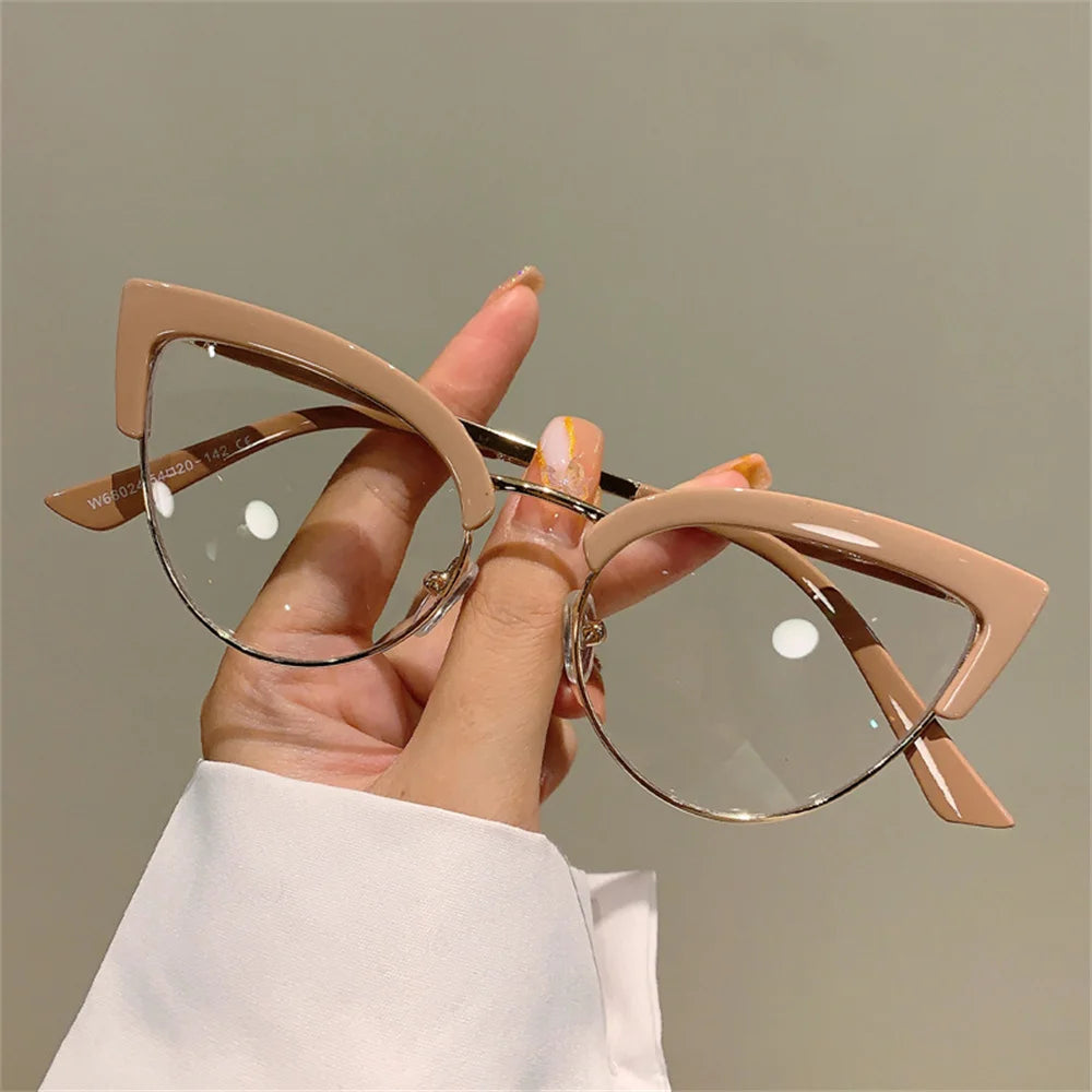 2023 New Vintage Cat Eye Glasses Frame New Stylish Semi Metal Rim Women Eyewear Trendy Brand Design Non-prescription Eyeglasses