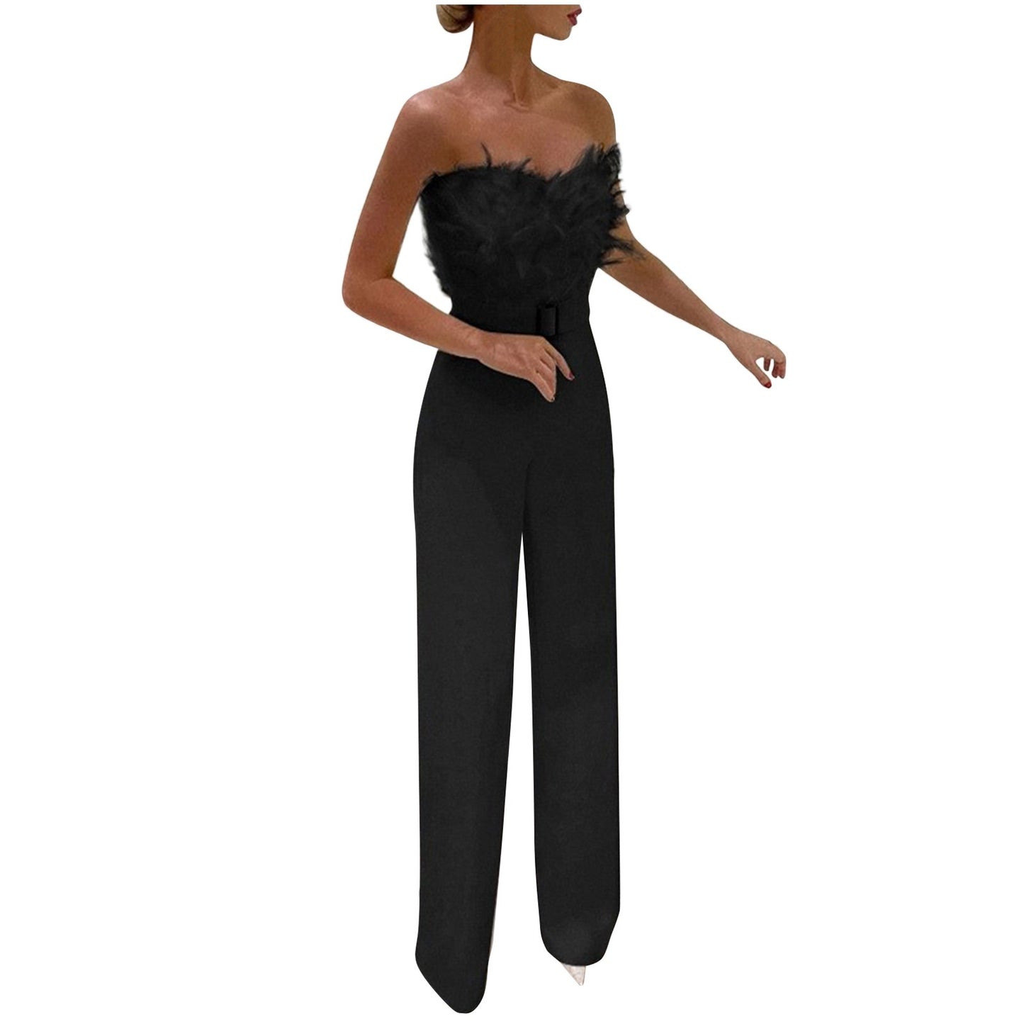 Women Jumpsuit Feather Tube Top Sexy Evening Party Jump Suits Sleeveless High-waisted Straight Playsuits Night Clubwear Overalls