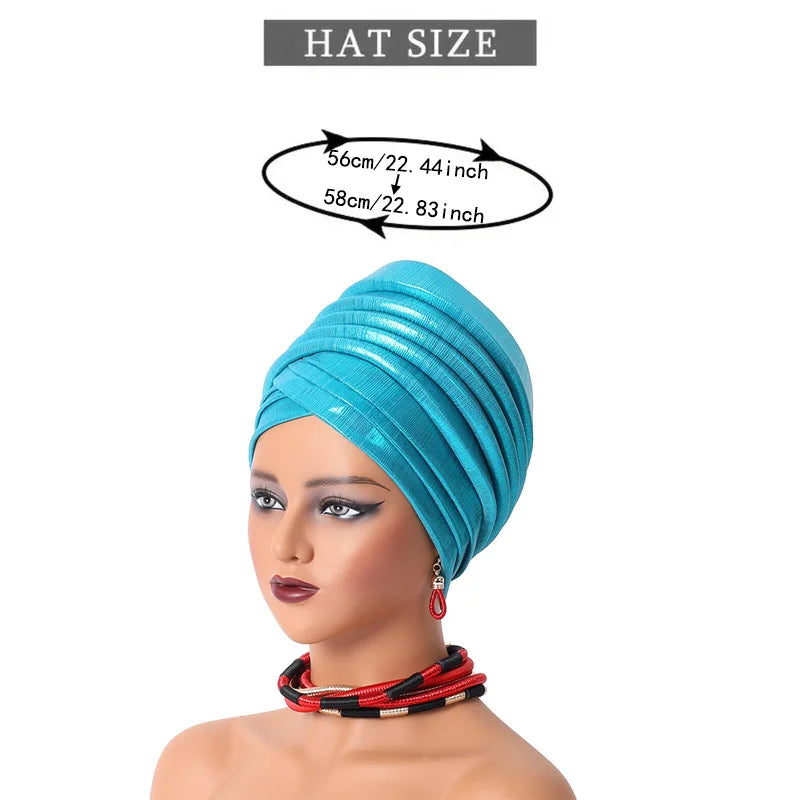 African Women's Auto Gele Headtie Nigeria Lady Pleated Head Wraps Muslim Headscarf Bonnet Turbante Mujer
