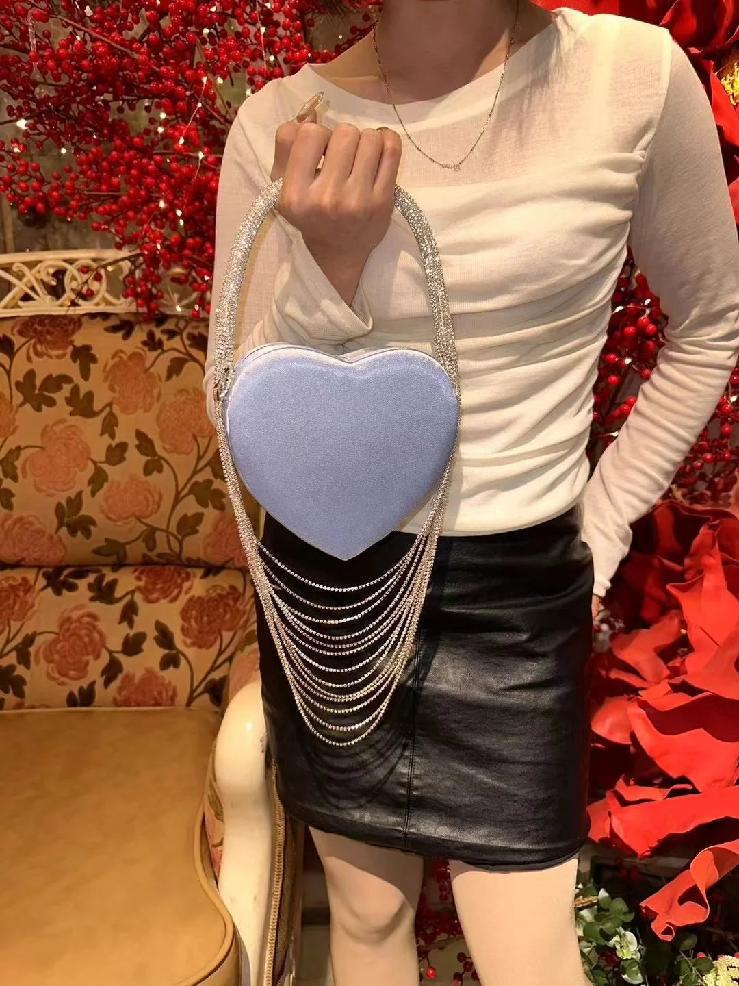 Bling Tassel Heart-shape Satin Bag Glitter Rhinestone Diamond Evening Bag Women Handbag Wedding Party Clutch Purse Crossbody Bag