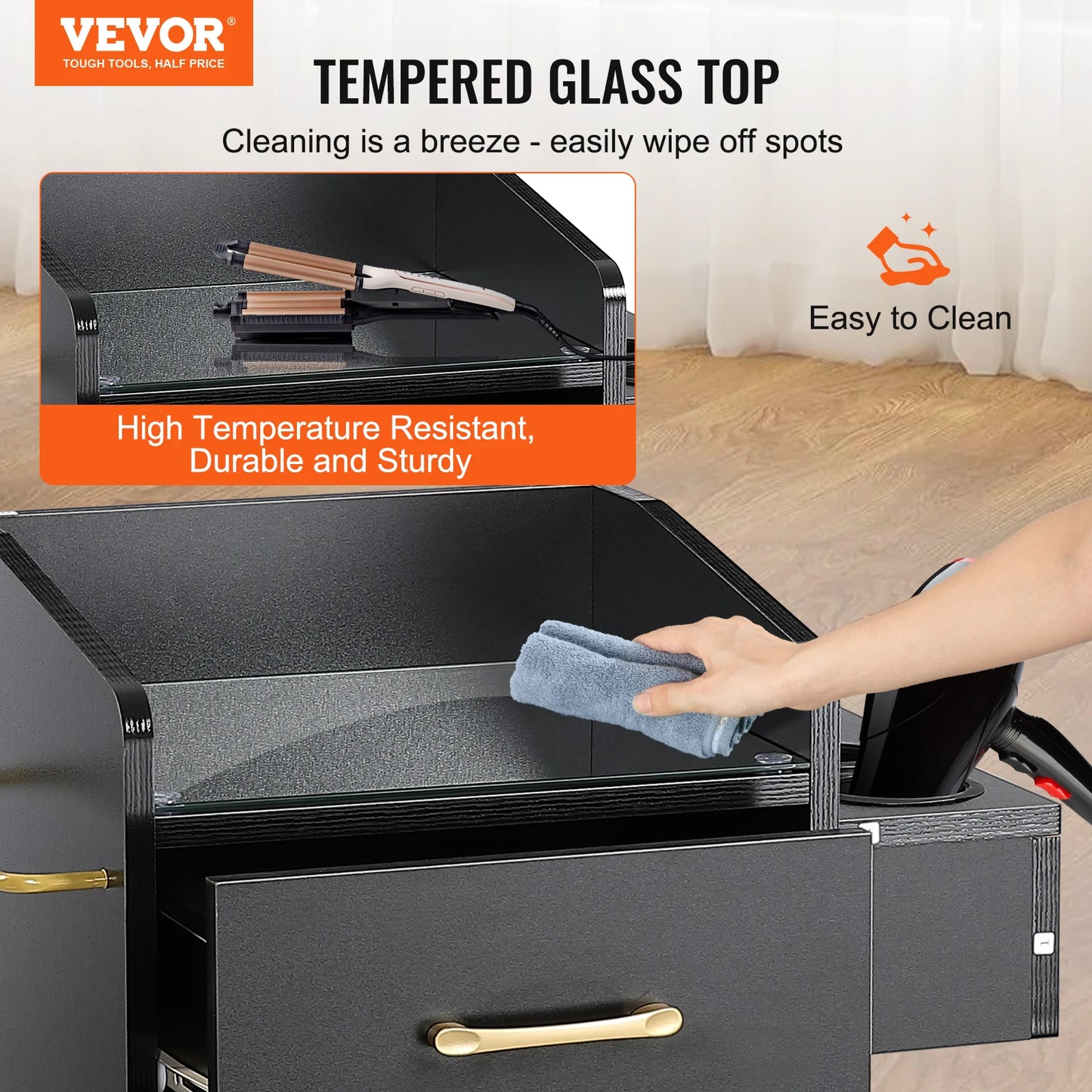 VEVOR Beauty Salon Storage Trolley Cart, Glass Top Hair Salon Station Cabinet for Stylist with Drawer & Dryer Holder