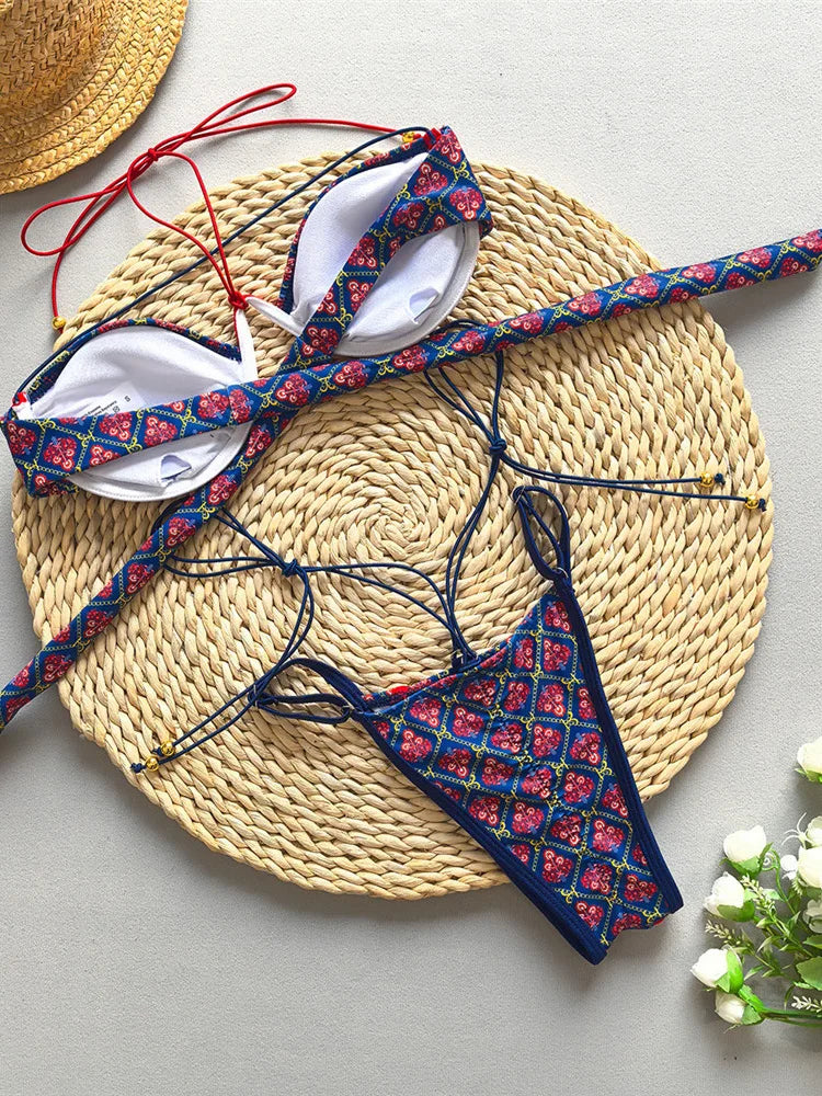 Sexy Print Laced Up Bikini 2 Piece Set Women Split Swimsuit High Waist Beach Backless Bikini 2025 New Summer Swimwear Bikini Set