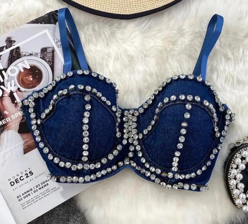 Streetwear Diamonds Denim Vest Female Bra Sleeveless Backless Sexy Summer Tank Tops For Women Camisole y2k Crop Top 2025