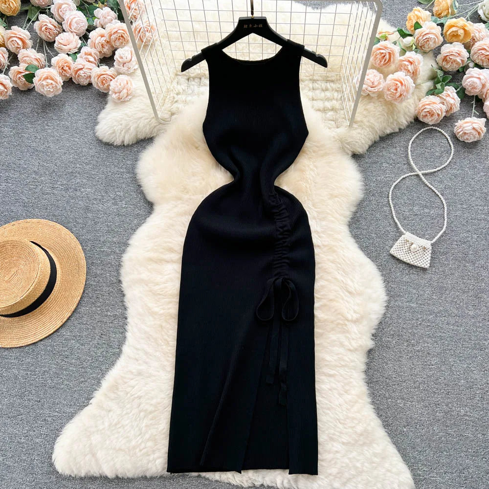YuooMuoo Fashion Summer Bodycon Knitted Dress Sexy Package Hips Drawstring Split Black Women Dress Basic Lady Party Vestidos