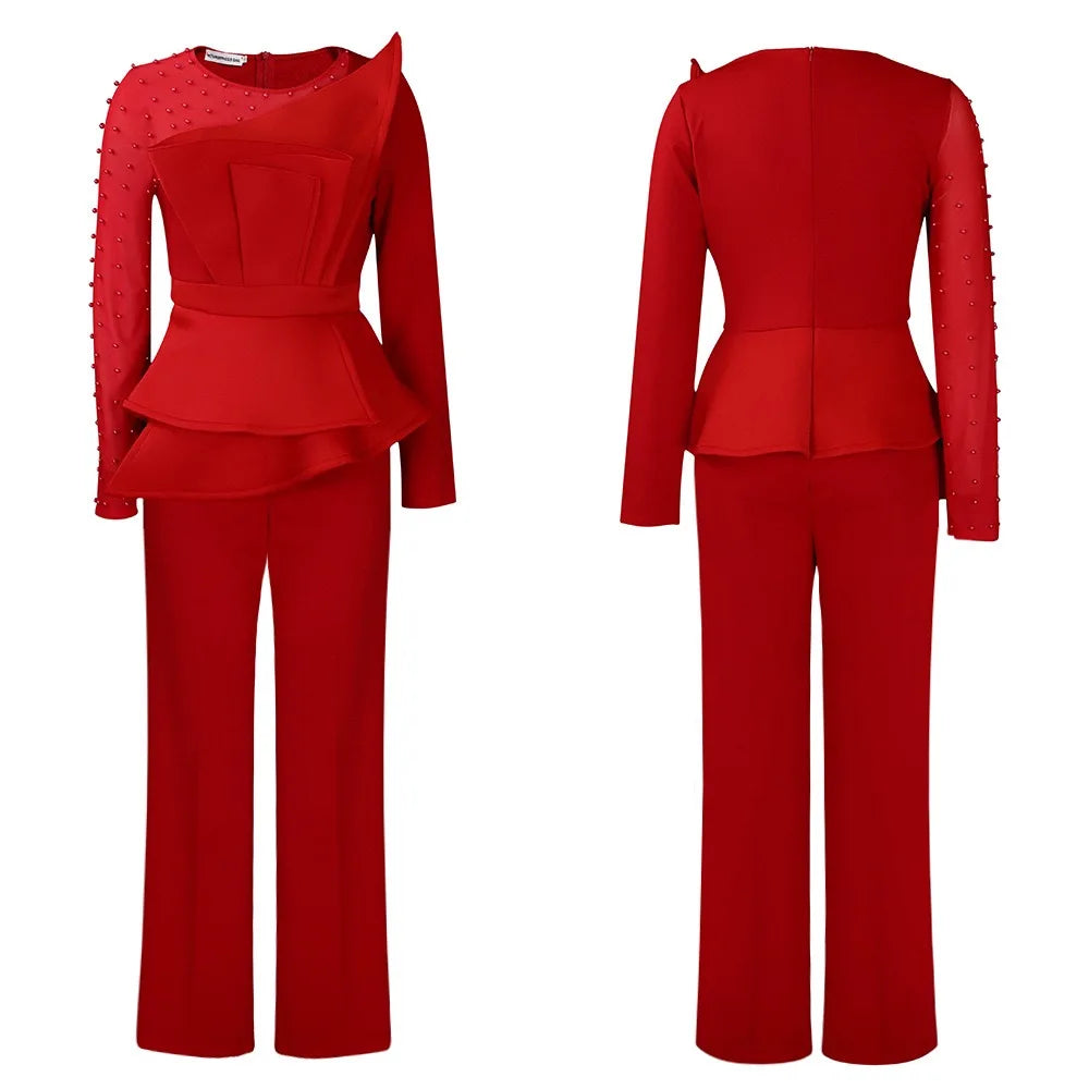 Luxury Jumpsuits & Rompers for Women Round Neck Beaded Transparent Sleeve High Waisted Elegant Female Birthday Party Overalls