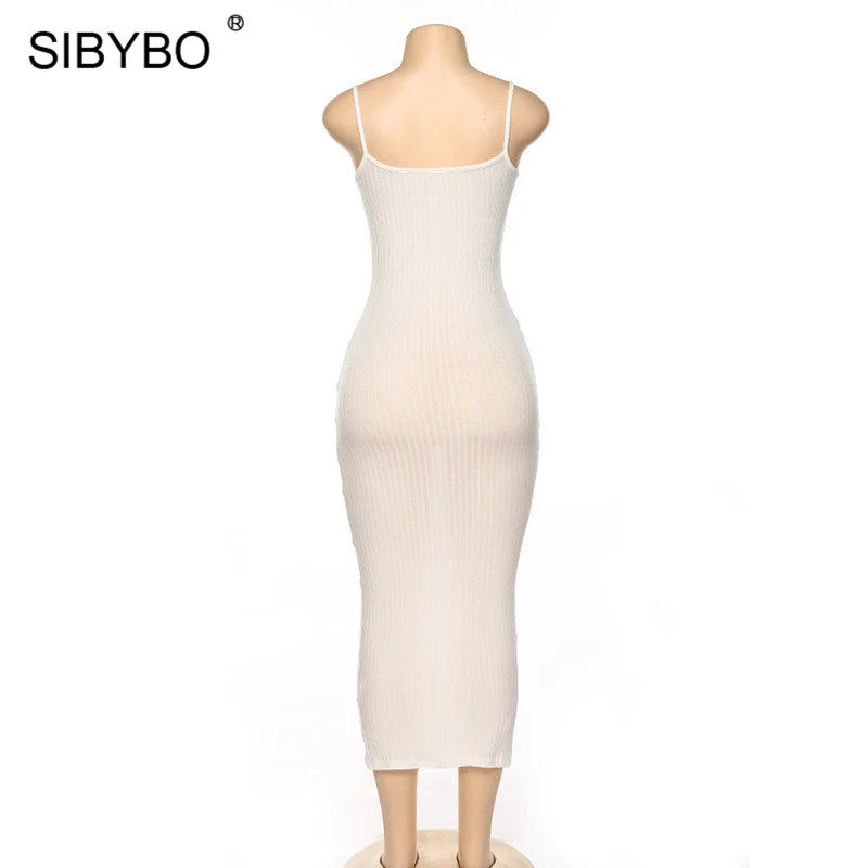 SIBYBO Ribbed Spaghetti Strap Cotton Dress Women Sleeveless O-Neck Summer Dress Solid Backless Long Party Dress