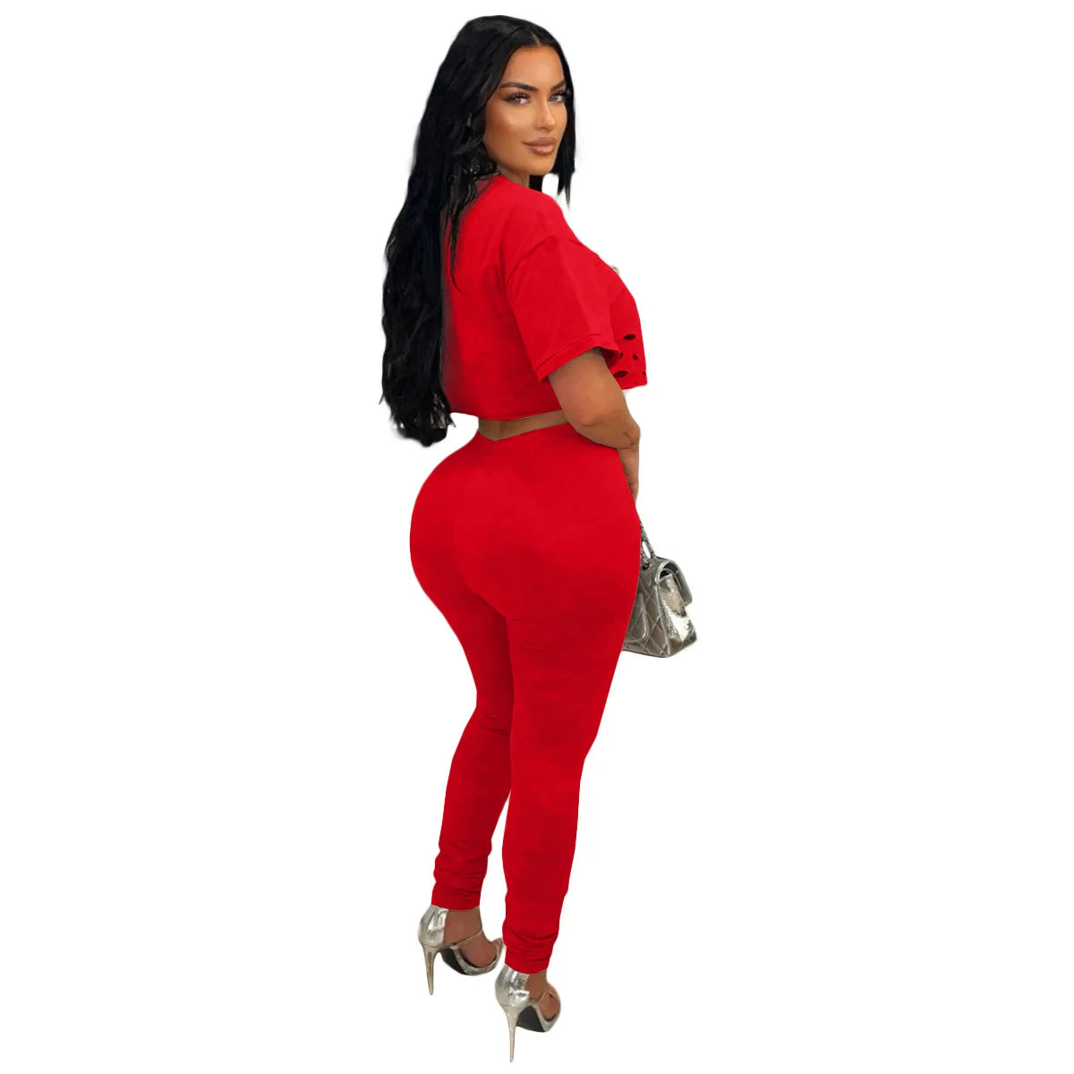 Spring Summer Fashion Solid Two Piece Set Women Sexy Perforated Round Neck Short Sleeve Top Tight Pants Casual Two Piece Set
