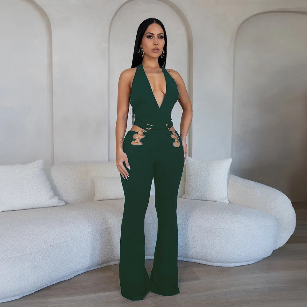 CM.YAYA Women V-Neck Backless Straight Sleeveless Flare Jumpsuits 2025 Summer Hollow Out Sexy One Piece Set Streetwear Outfits