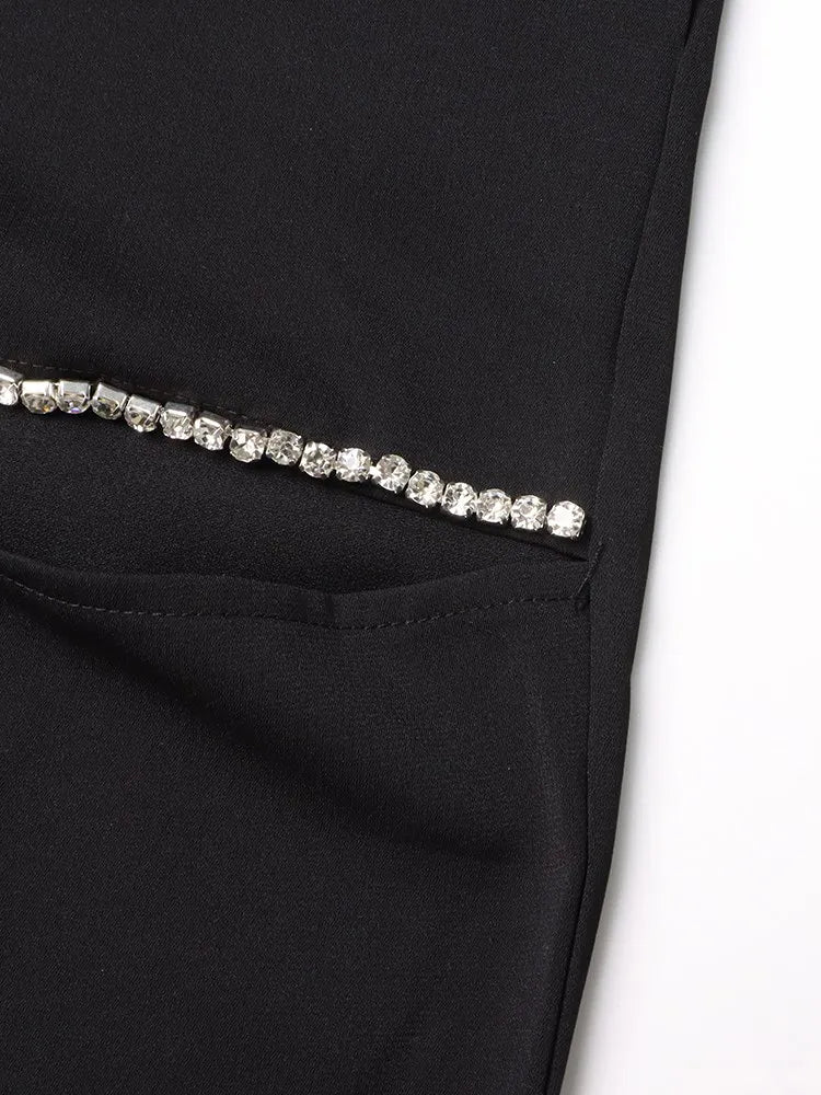 TWOTWINSTYLE Solid Wide Leg Pants For Women High Waist Hollow Out Spliced Diamonds Loose Straight Pant Female Fashion Clothing