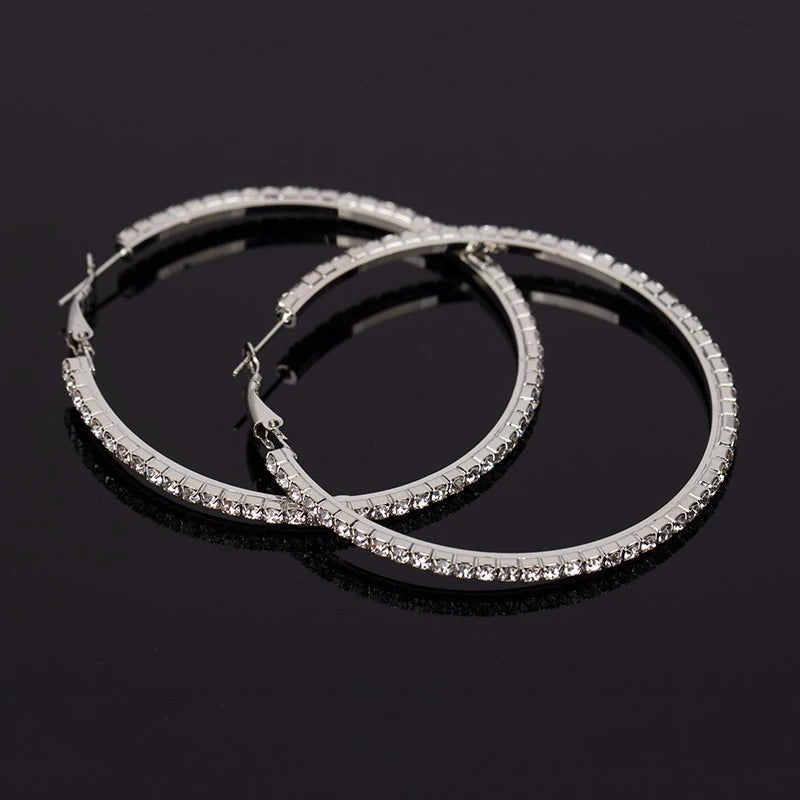 30-80mm Big Hoop Earrings For Women Girls Circle Crystal Rhinestone Earrings Black Gold Silver Color Round Earings Party Gift