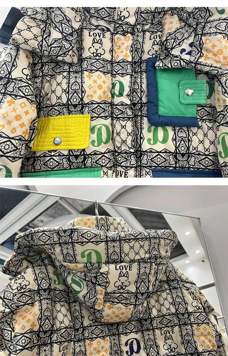 2023 European Station Winter New Down Jacket Women's Warm Fashion Short Color Patchwork Graffiti thick White Duck Down Coa