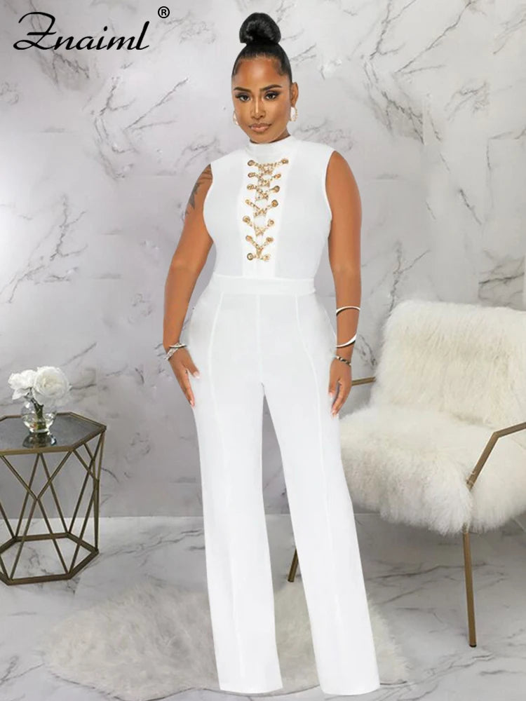 Znaiml Office Lady Jumpsuit High Waist Elegant Black One Pieces Chain Short Sleeve Straight Wide Leg Romper Birthday Overalls