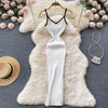 Summer V Neck Knit Sexy Strap Dress Women Elatic Waist Bodycon Sundress Female Beach Backless Maxi Long Dress
