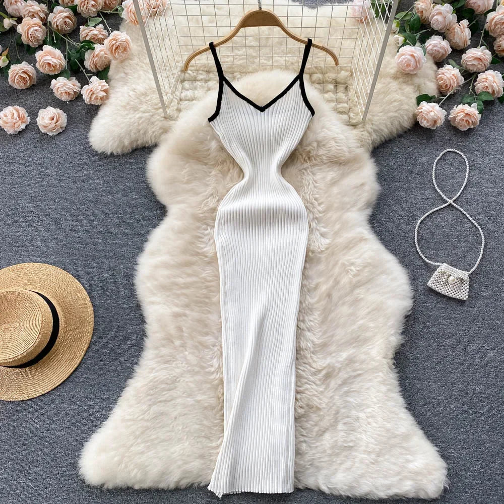 Summer V Neck Knit Sexy Strap Dress Women Elatic Waist Bodycon Sundress Female Beach Backless Maxi Long Dress