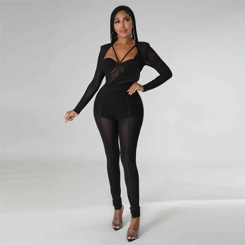 Sexy Mesh Patchwork Sheer Night Club Bodycon Jumpsuit for Women See Through One Piece Rompers Clubwear Party Birthday Outfits