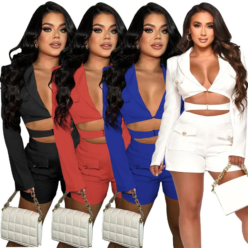 Elegant Stylish Blazer Style Rompers Womens Jumpsuit Shorts Long Sleeve Hollow Out Bodycon Playsuit One Pieces Club Outfits