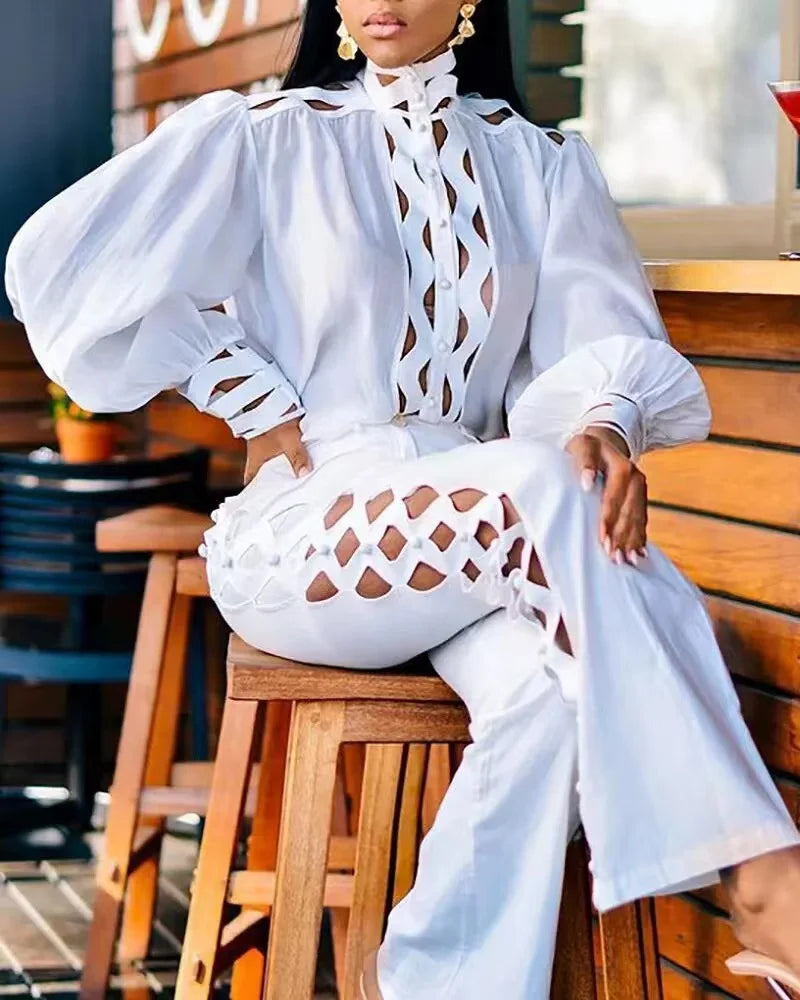 Wmstar 2 Piece Set Women Plus Size Hollow Out Sexy Young Daily Soft Full Sleeve Fashion Pants Wide Leg Wholesale Dropshipping