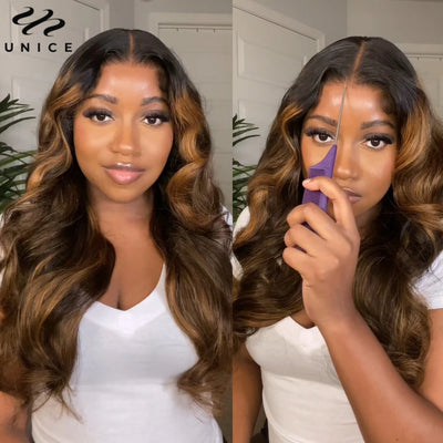 UNice Hair Bye Bye Knots 7x5 Lace Glueless Wig Brown Balayage Body Wave Human Hair Lace Front Wig Pre Cut Pre Bleached Lace Wig