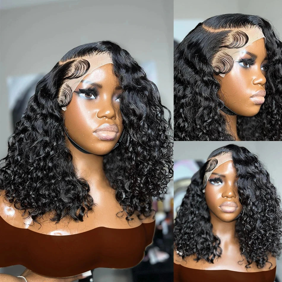 Brazilian Deep Water Wave Bob Wig 13x4 Lace Frontal Wig 100% Human Hair Short Curly 4x4 Closure Wig Preplucked Remy Hair 14 Inch