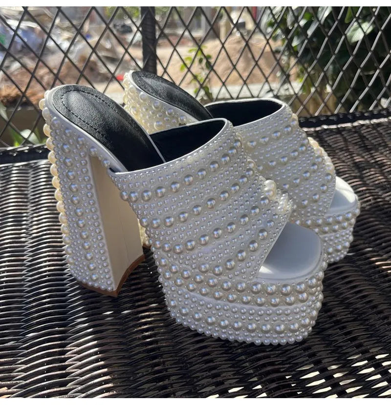 Luxury Handmade Full Rhinestones Platform Wedges Women Slippers Sandals Fashion Summer High heels Mules Slides Chunky Shoes