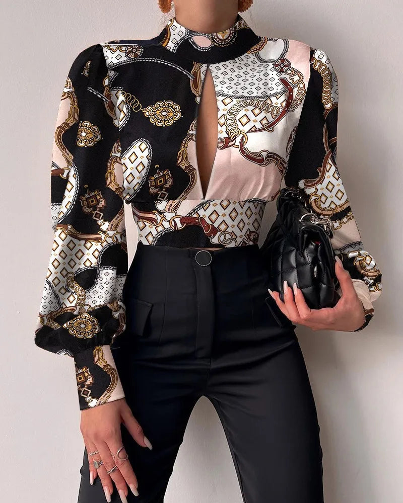Spring Women Sexy Backless Hollow Print Shirts Tops 2024 Casual Stand Long Sleeve Office Lady Blouses Fashion Party Crop Top