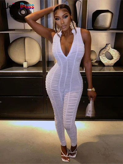 Weird Puss Ruffles Stretch Jumpsuit Women Casual Tight Fitness Activity Sleeveless Low-Neck Solid Skinny Sporty Workout Overalls