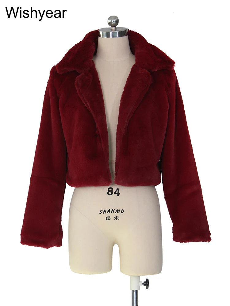 Fashion Faux Fur Open Stitch Lapel Crop Jackets Women Clothing Autumn Winter Solid Long Sleeve Warm Furry Fluffy Coat Outer Wear