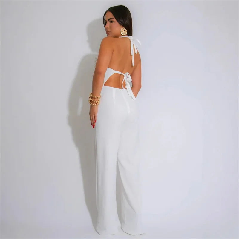Sexy Halter Backless Jumpsuits Woman Elegant High Waist Flare Pants Sleeveless Beading Ruched Party Romper Birthday Club Outfits