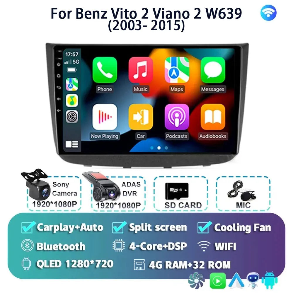 Android 14 For Benz Vito 2 Viano 2 W639 2003- 2015 2K QLED Android Car Radio Multimedia Video Player BT Stereo CarPlay Head Unit