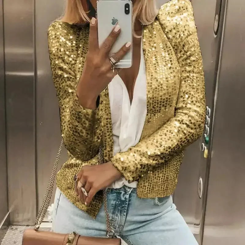 2024 Fashion Sequin Jackets Women Glitter Long Sleeve Short Coats Elegant Spring Outwear Office Ladies Solid  Streetwear Jacket