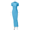 Hugcitar Pure Color O Neck Short Sleeve Slit Sexy Bodycon Slim Maxi Prom Dress 2024 Summer Women Elegant Party Festival Clothes