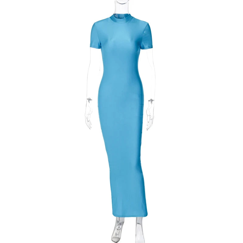 Hugcitar Pure Color O Neck Short Sleeve Slit Sexy Bodycon Slim Maxi Prom Dress 2024 Summer Women Elegant Party Festival Clothes