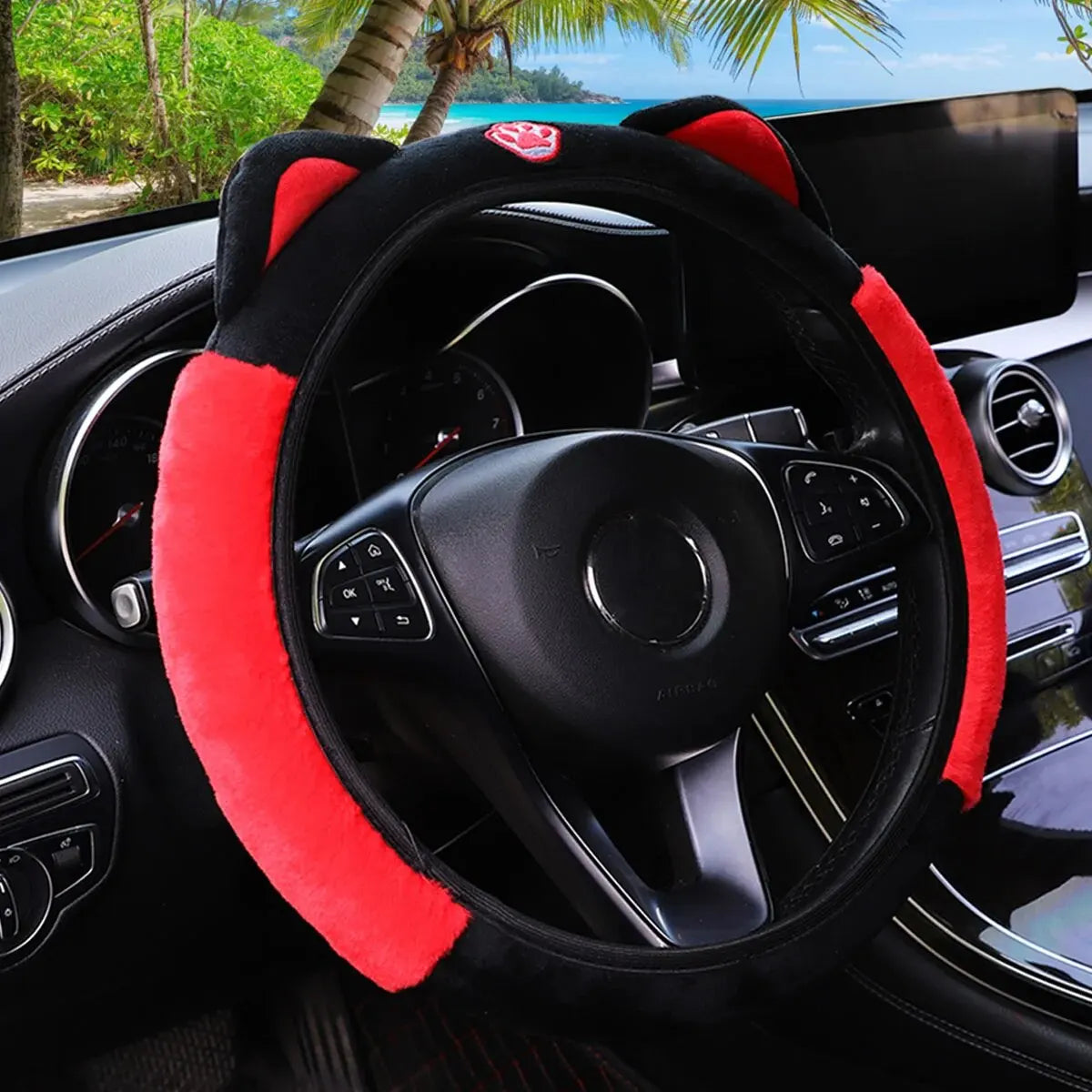 Cute Cartoon Plush Kitten Warm Car without Inner Ring Steering Wheel Cover Car Accessories Suitable for 14.5-15INCH