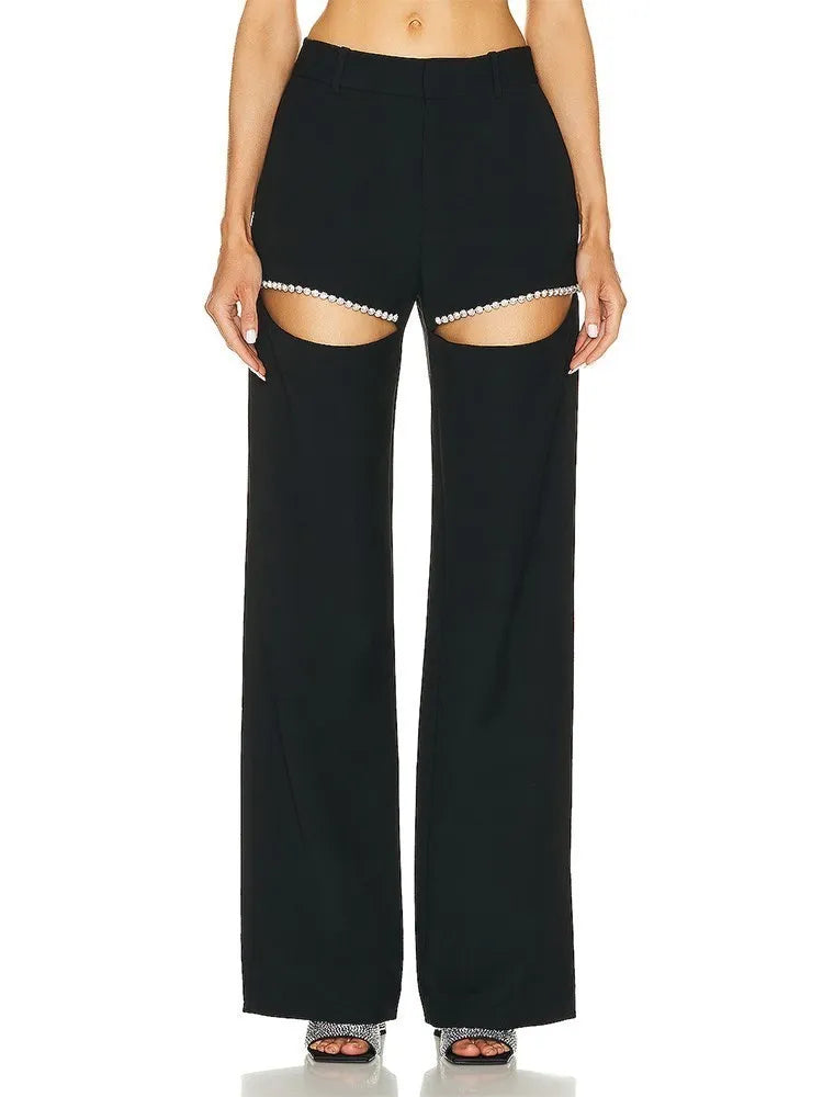 TWOTWINSTYLE Solid Wide Leg Pants For Women High Waist Hollow Out Spliced Diamonds Loose Straight Pant Female Fashion Clothing