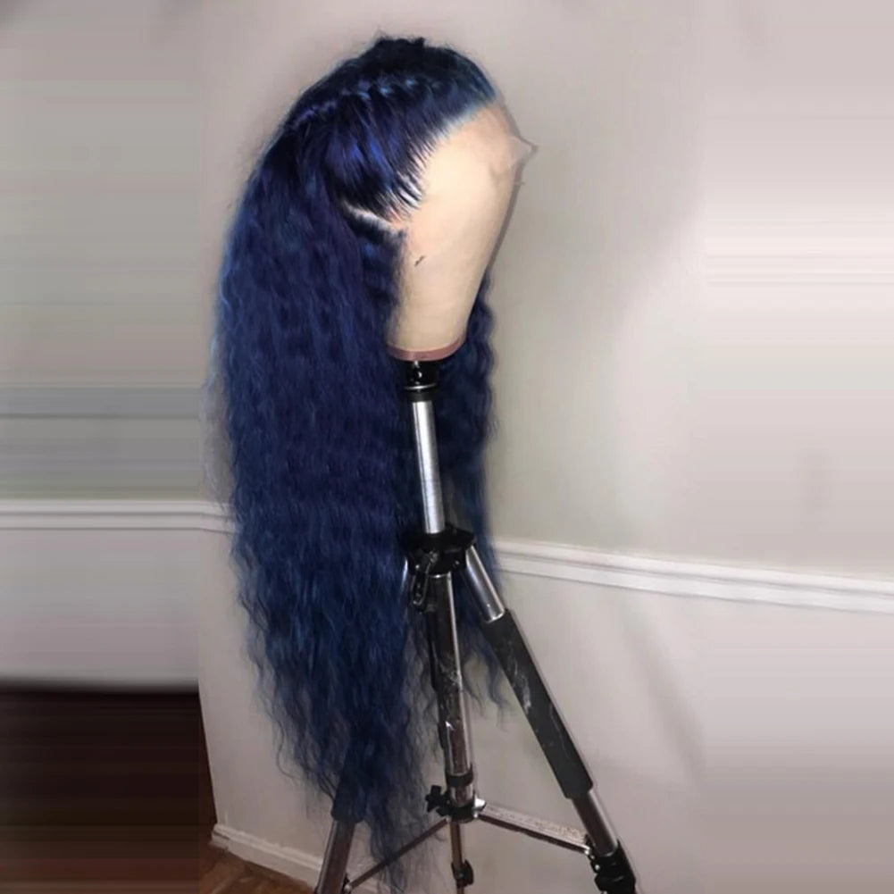 Charisma 26 Inches Long Water Wave Synthetic Lace Front Wig For Black Women Dark Blue Colored Frontal Wigs Natural Hairline Wig