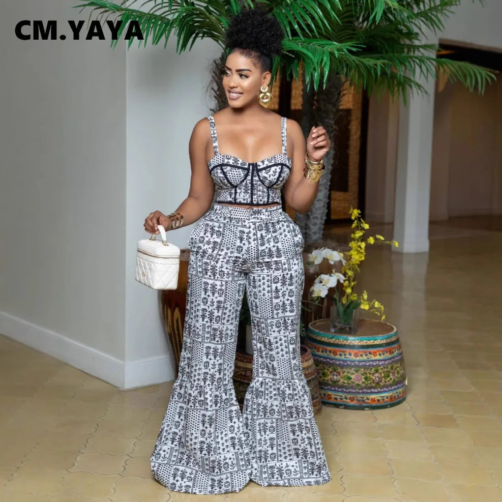 CM.YAYA Women's Set Print Strapless Bra Top and Flare Pants Suits 2025 Summer Street Party Two 2 Piece Sets Outfits Tracksuit